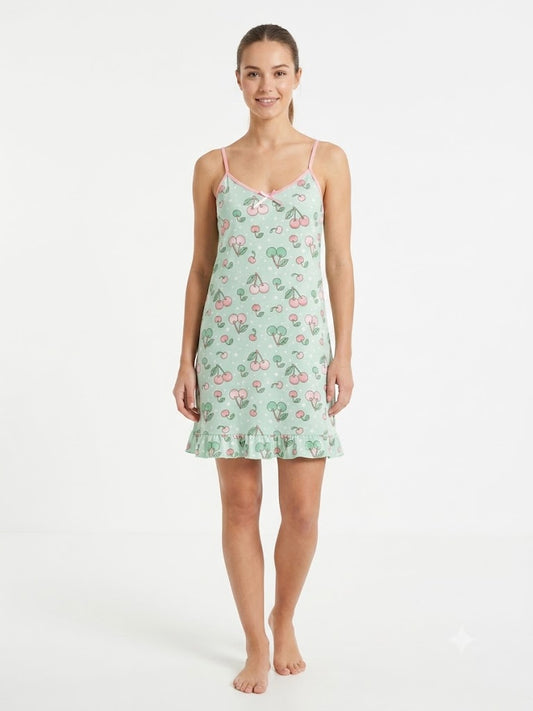 Ladies Chemise w / ADJ Straps Prints PINK AND GREEN CHERRIES