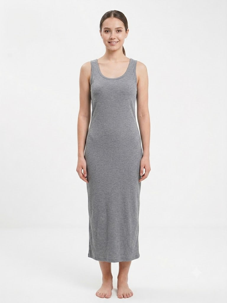 Ladies Ribbed Long Chemise GREY