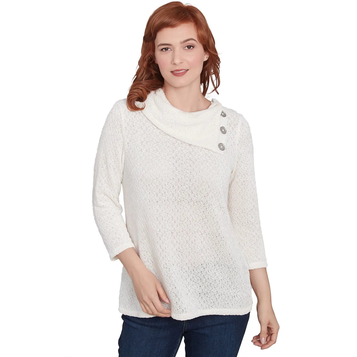 Split Cowl Neck Chenille Shine Knit Top Ivory- Ruby Rd