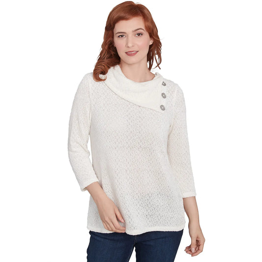 Split Cowl Neck Chenille Shine Knit Top Ivory- Ruby Rd