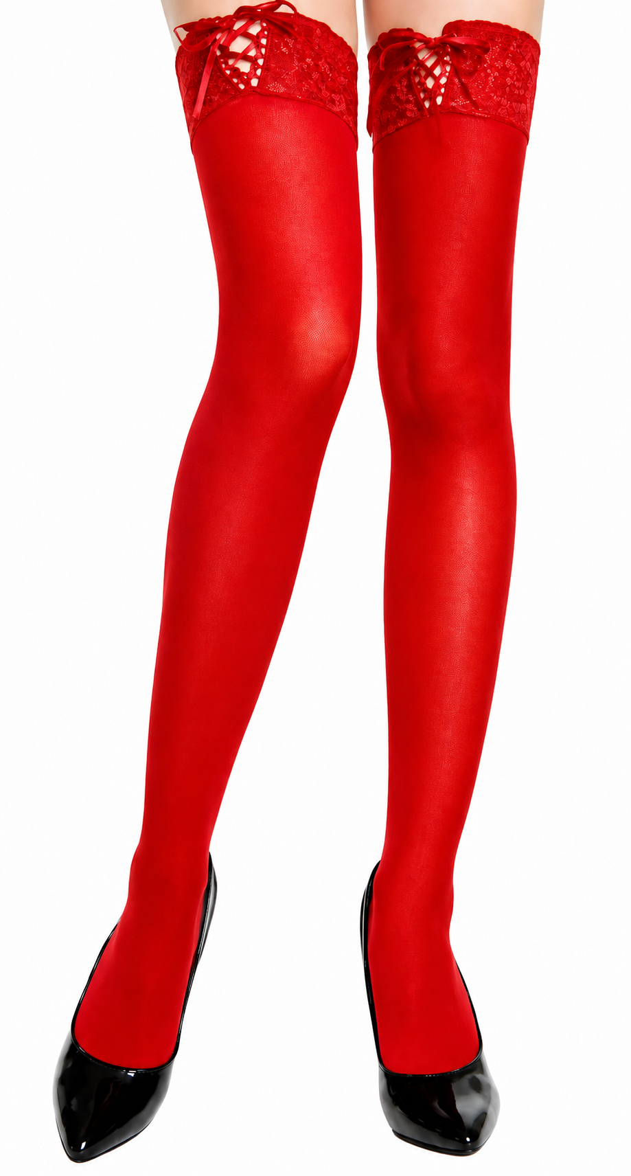 Ribbon Lace Up Opaque Thigh High Stockings Red