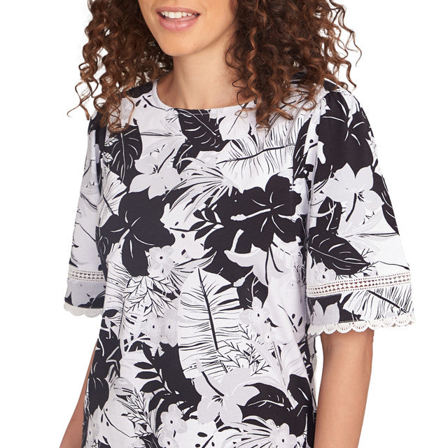Knit Tropical Paradise Print Crew Neck Short Sleeve Top Black Multi- Ruby Rd