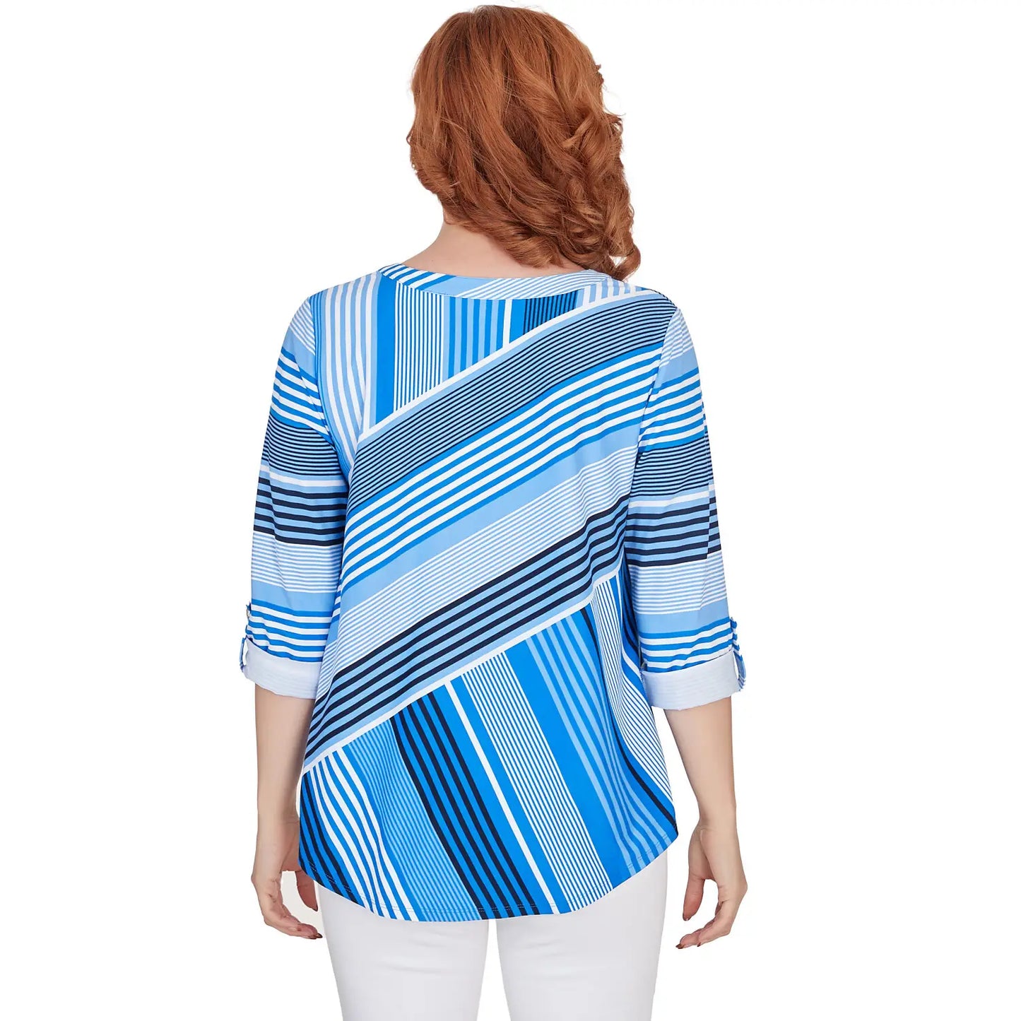 Split Neck Spliced Stripe Top With Roll Tab Sleeves - Ruby Rd