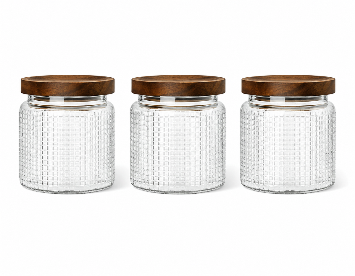 Juego de 3 botes de cristal de 555 ml con tapa de madera