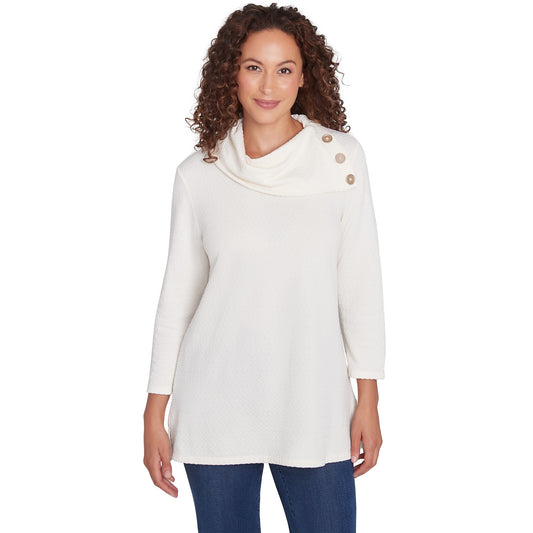 Split Cowl Neck Sequin Knit Top Ivory- Ruby Rd