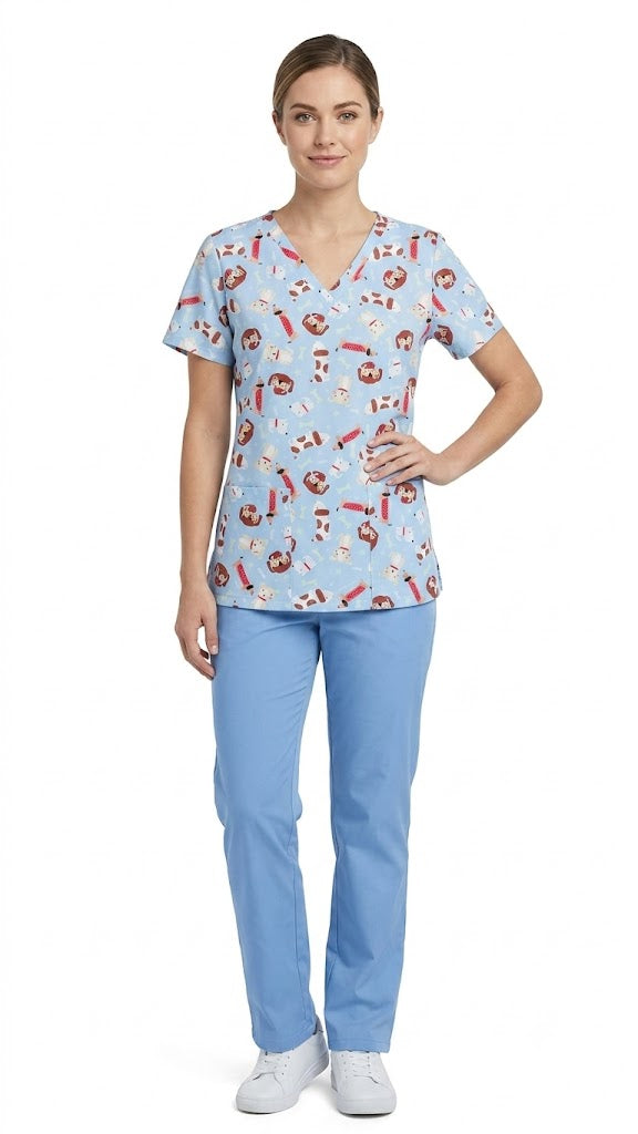 5 Pocket V Neck Stretch Printed Scrub Top