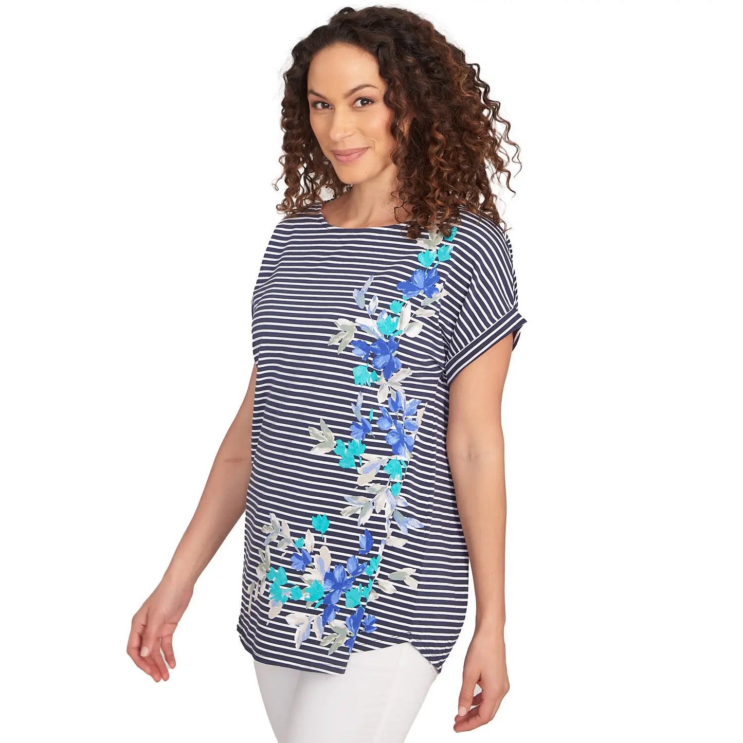 Floral Stripe Jersey Tee Navy Multi  - Ruby Rd