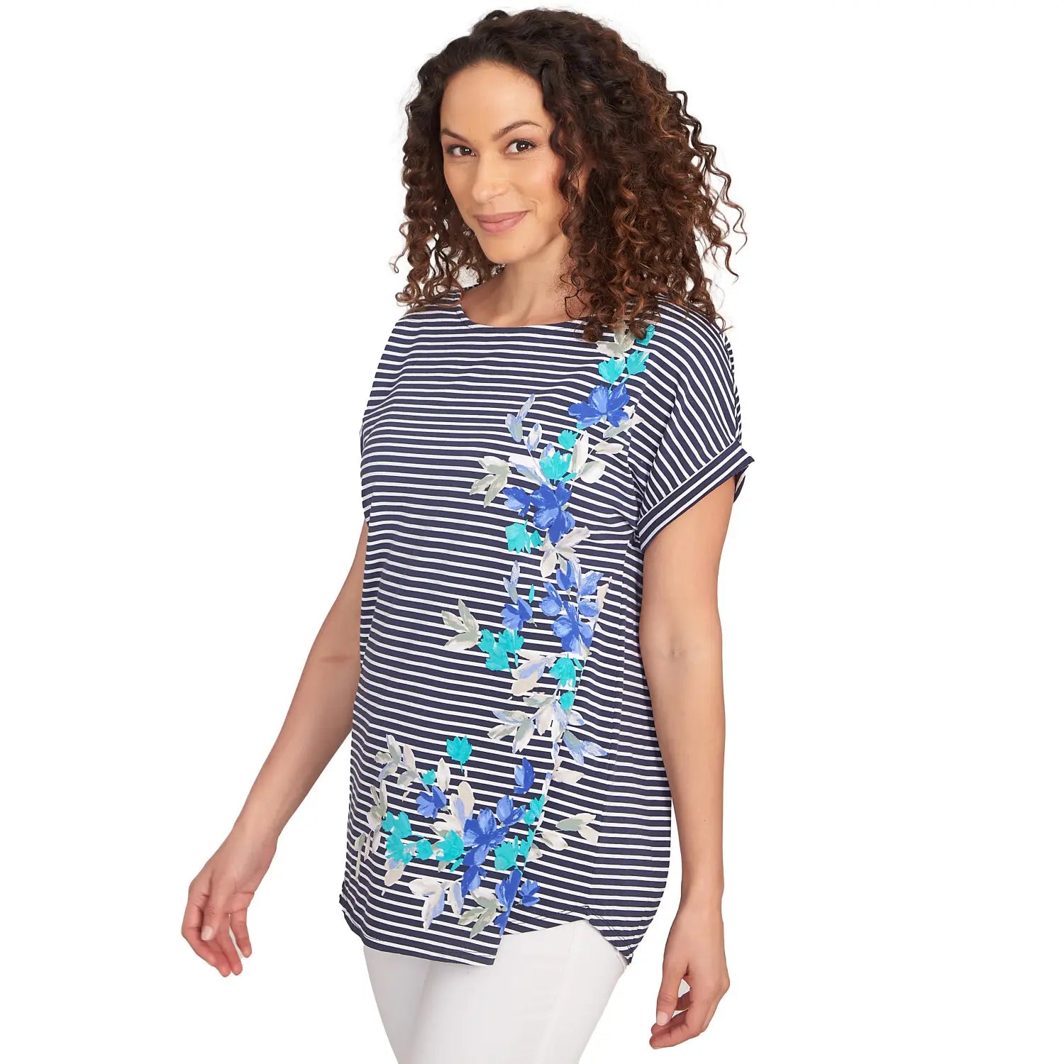 Floral Stripe Jersey Tee Navy Multi  - Ruby Rd
