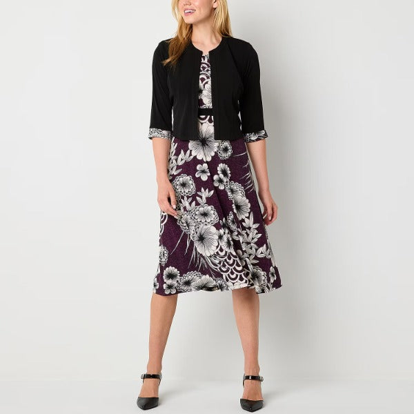 2PC  Floral Jacket Dress Plum / Black - Studio 1