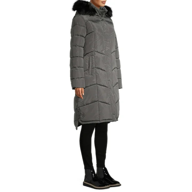 Chevron Quilted Maxi Coat with Faux Fur Hood Mid Grey