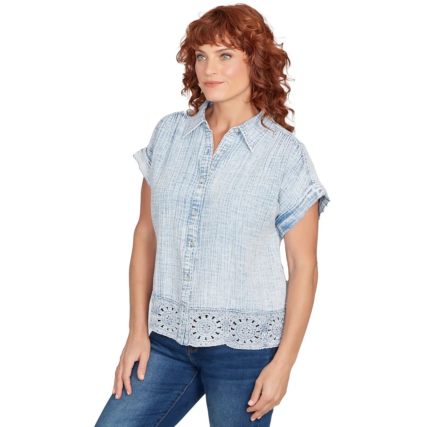 Snow Washed Crochet Hem Collared Tee Chambray - Ruby Rd