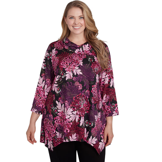 Plus Bold Blooms Split Cowl Dew Drop Top Beet Multi - Ruby Rd