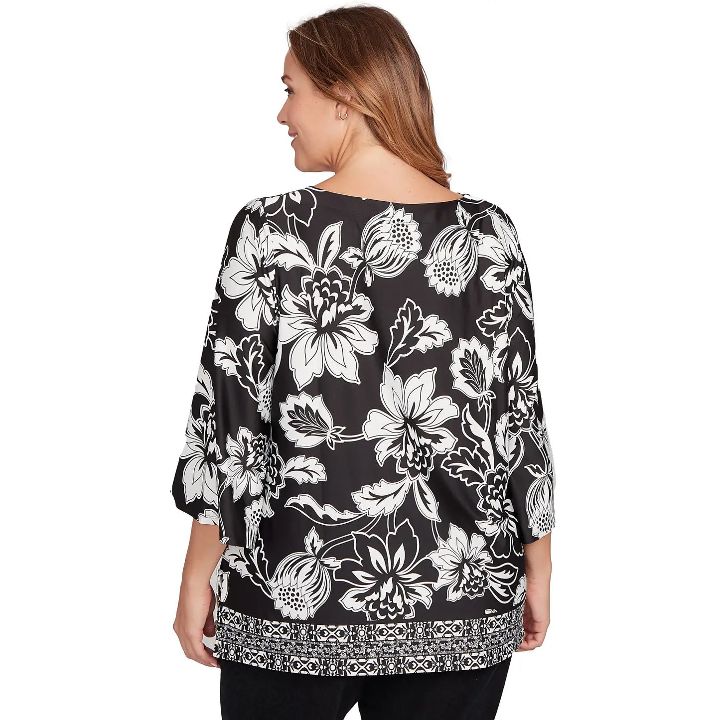 Plus Floral Geo Border Knit Top Black/White    - Ruby Rd
