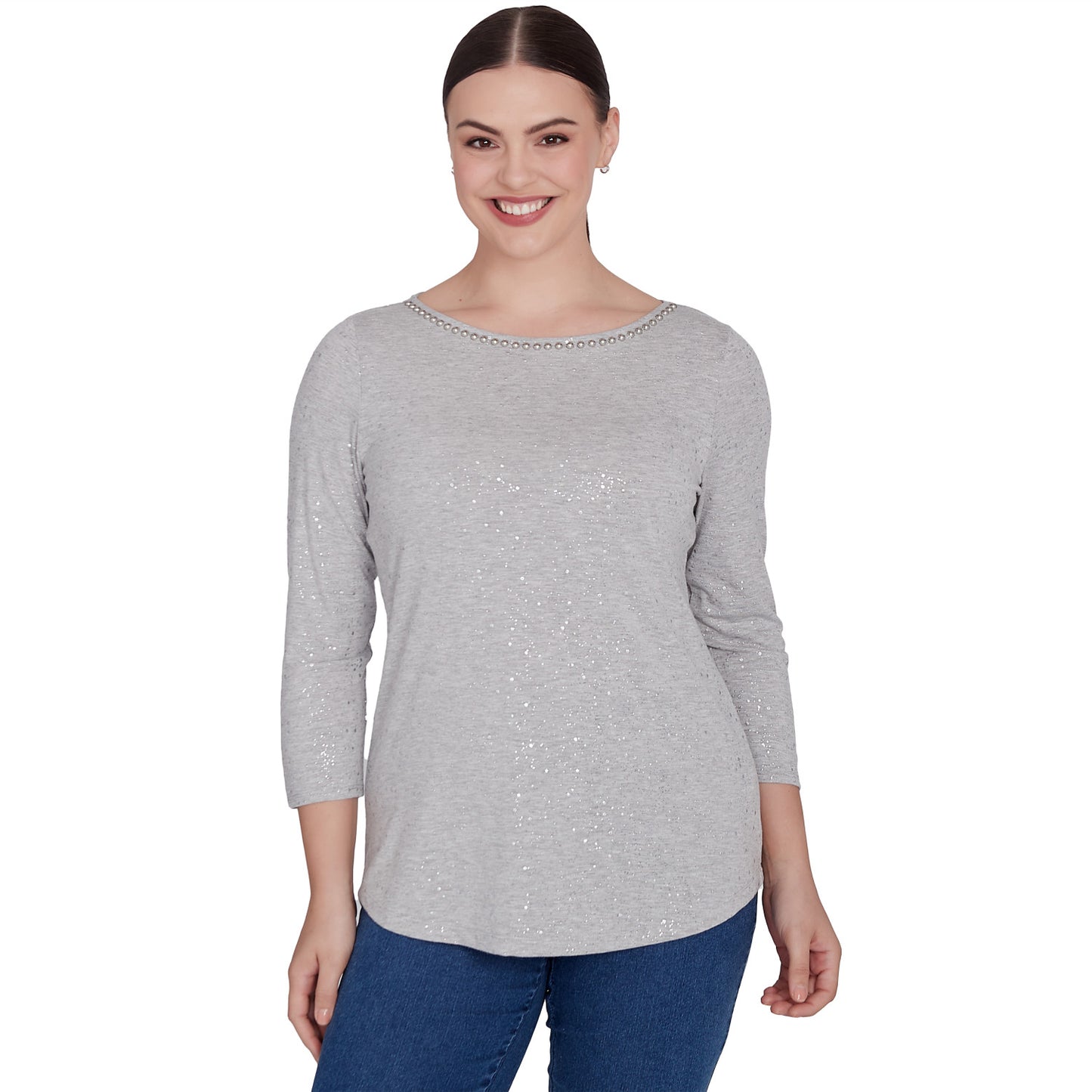 Embellished Dew Drops Glitter Knit Top Grey  - Ruby Rd