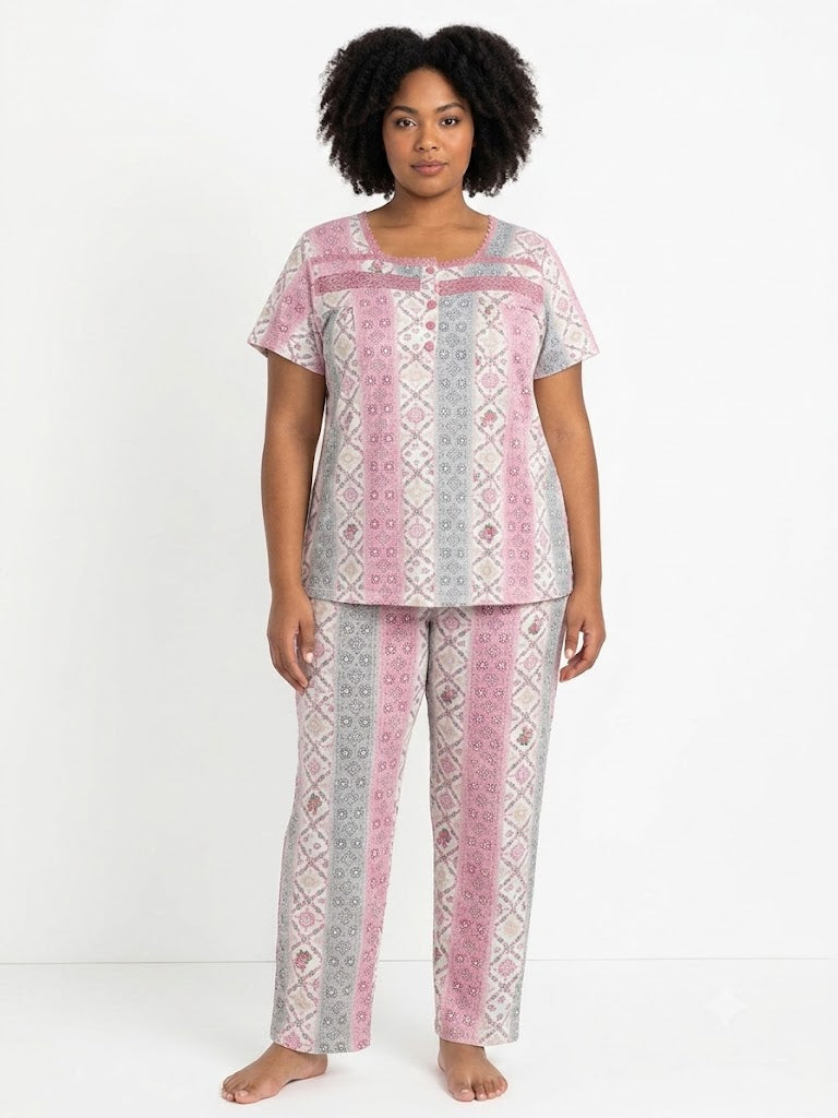 Plus Pant Pj Set , w / Lace & Bottoms , Floral Rose