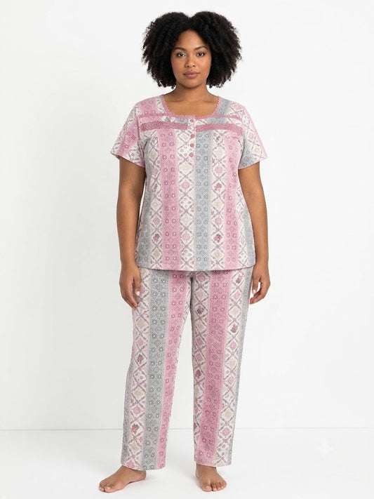 Plus Pant Pj Set , w / Lace & Bottoms , Floral Rose