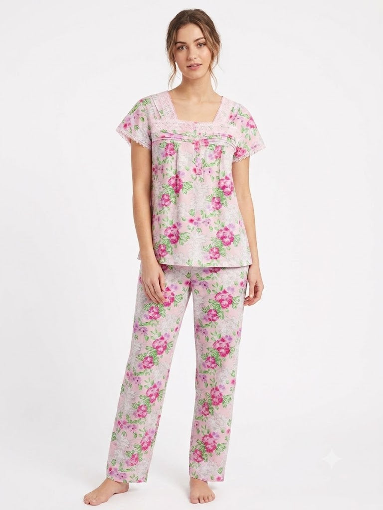 Ladies 2pc Top / Capri Pj Set w/Lace , Floral Beige
