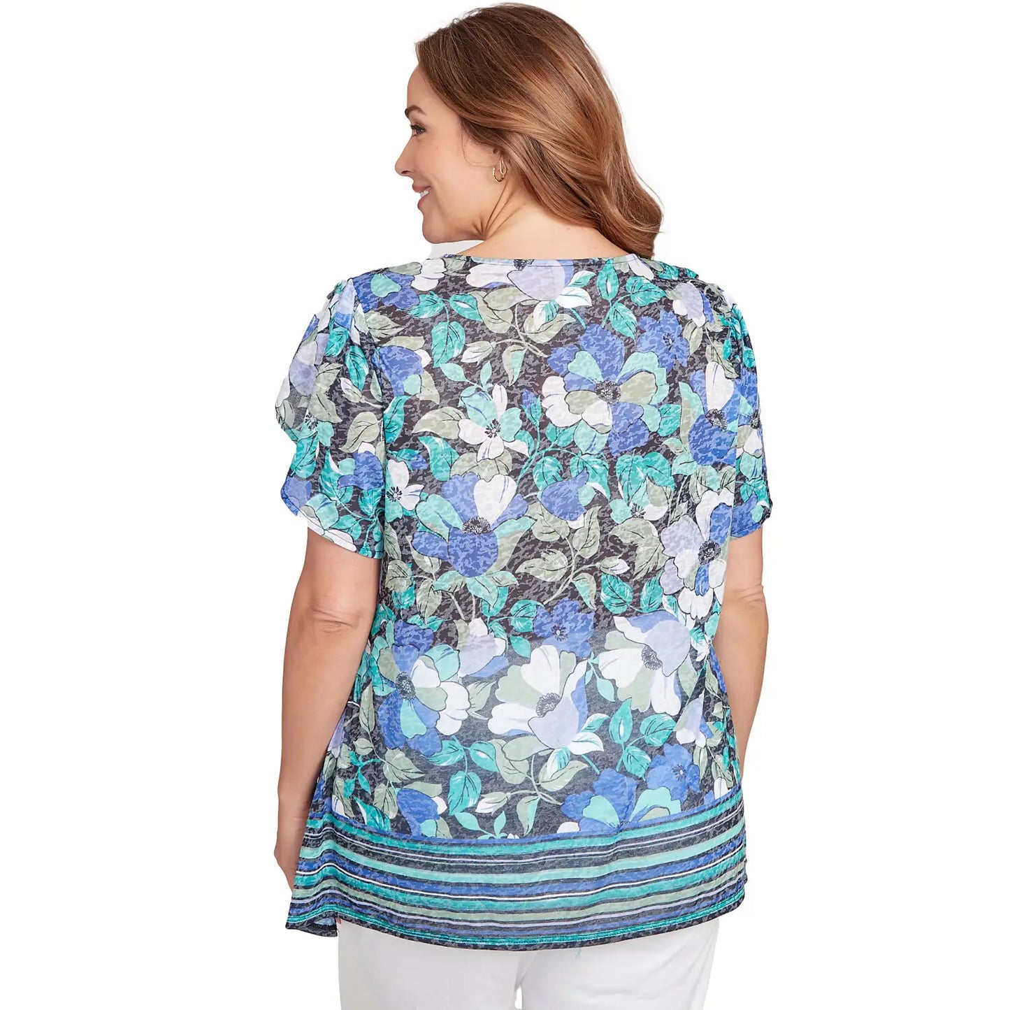 Plus  Floral Striped Border Flutter Sleeve Tee Navy Multi - Ruby Rd