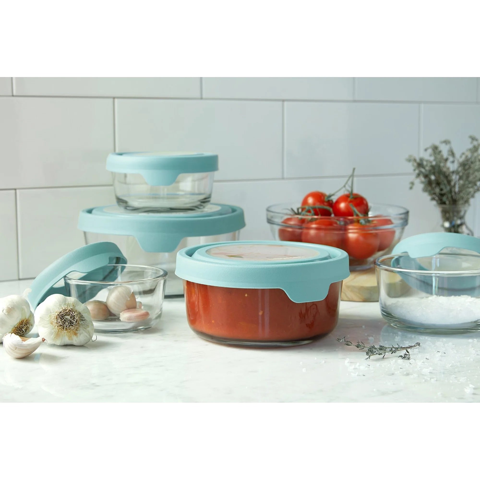 Trueseal Glass Food Storage with Mineral Blue Lids - 10 Piece Set