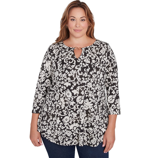 Plus Women's Batik Scroll Dew Drop Printed Knit Top Ivory Multi - Ruby Rd
