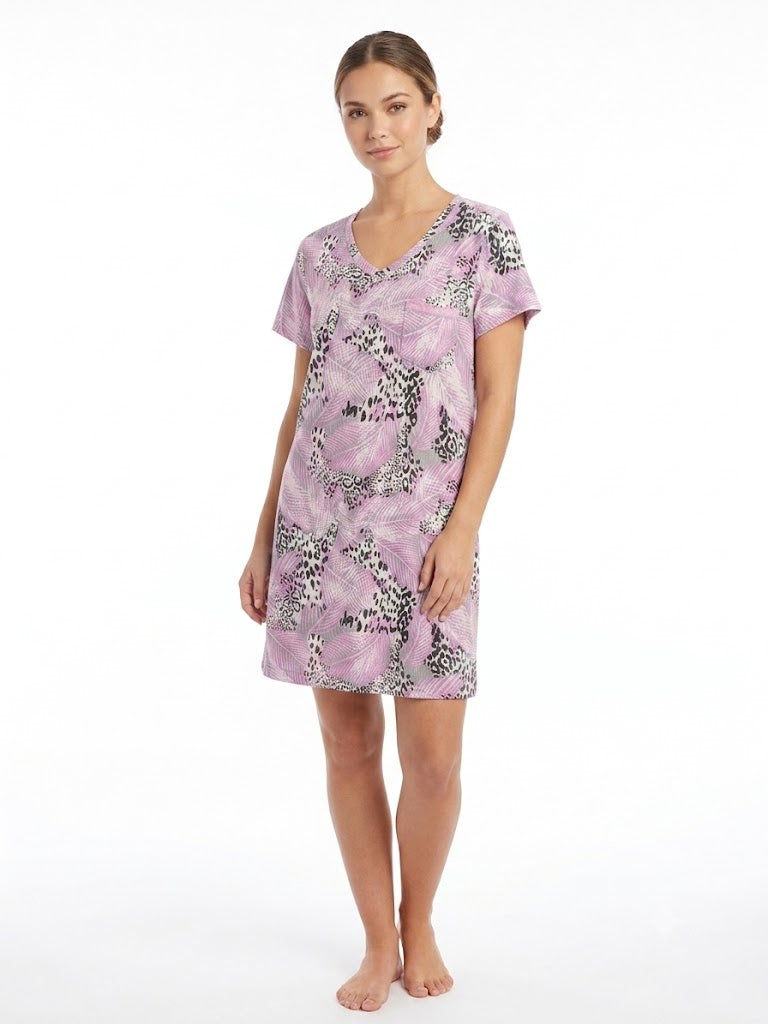 Ladies Ribbed V-Neck Nightgown , Animal / Palm , Lilac/White/Black