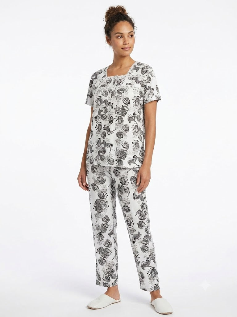 Ladies 2pc Top / Pant Pj Set, Zebra White / Black