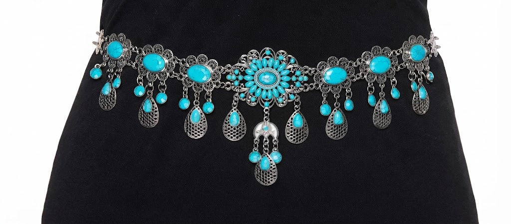 Silver and Turquoise Flower Hip Chain