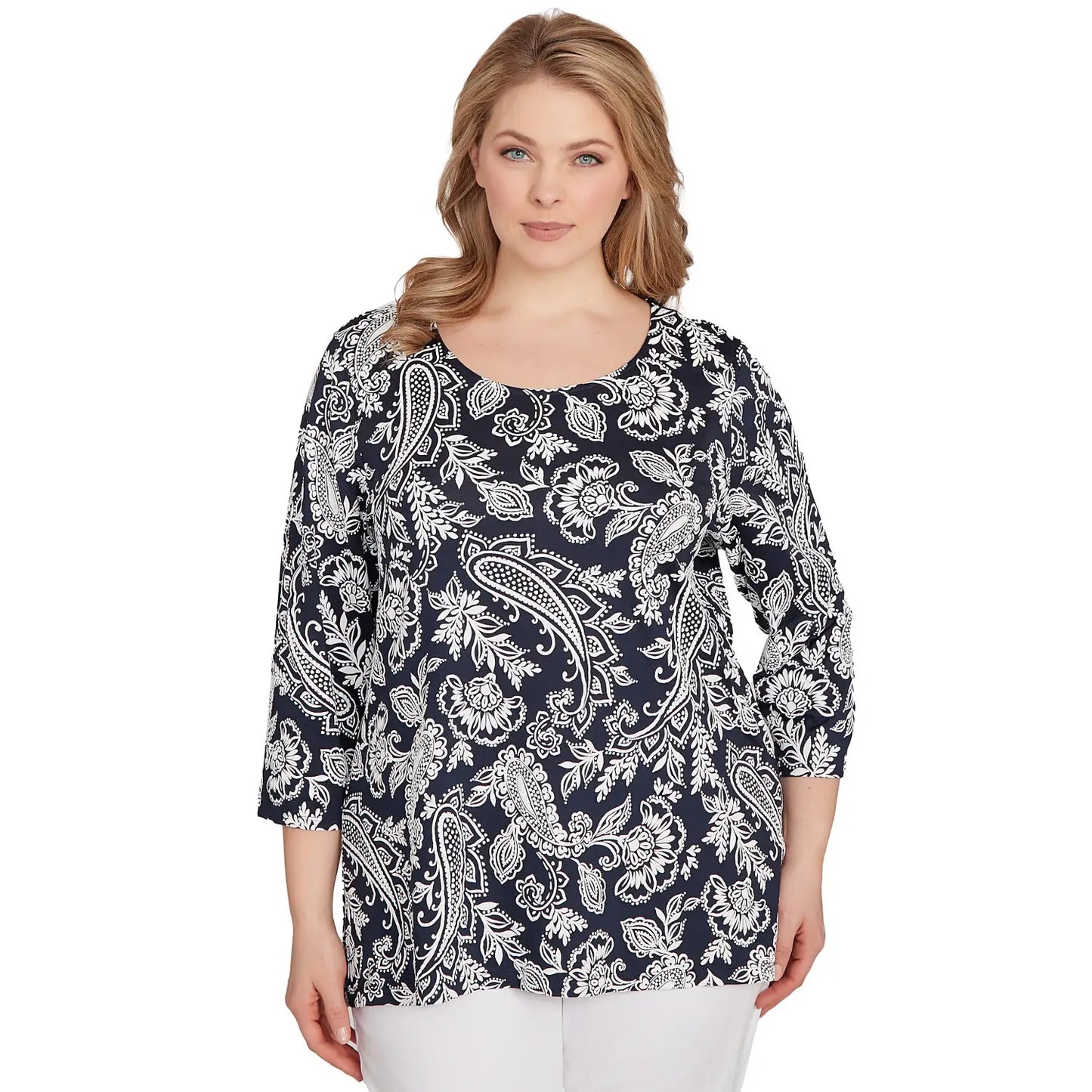 Plus Jacobean Paisley Puff Print Top Navy/White  - Ruby Rd