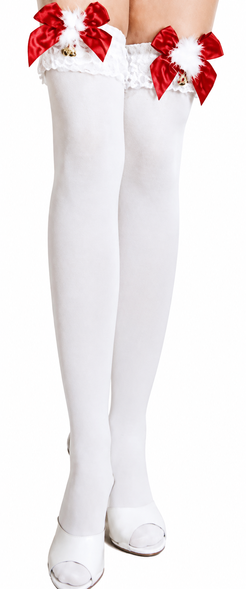 Opaque thigh high jingle bell and bow White/Red