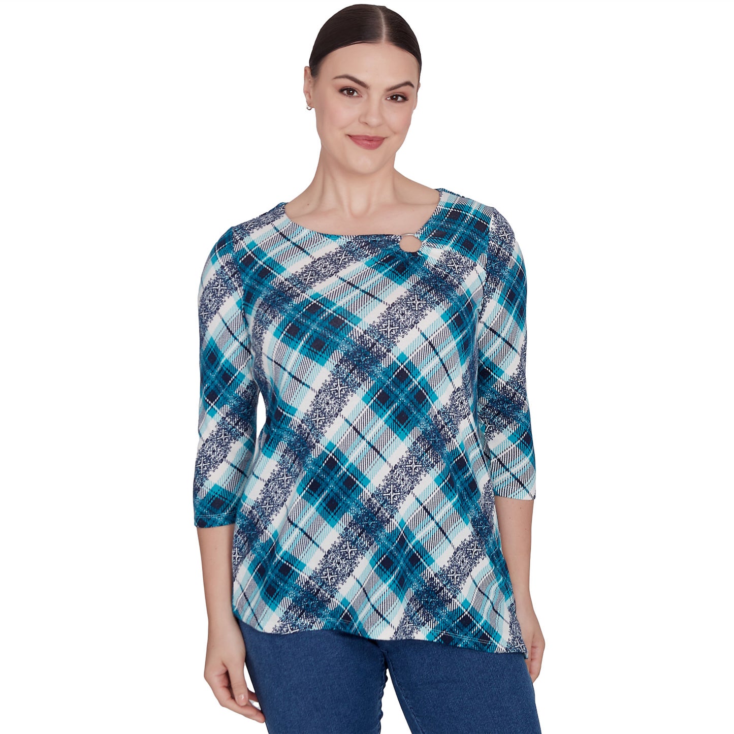 Ring Neck Plaid Hatchie Knit Top Navy multi  - Ruby Rd