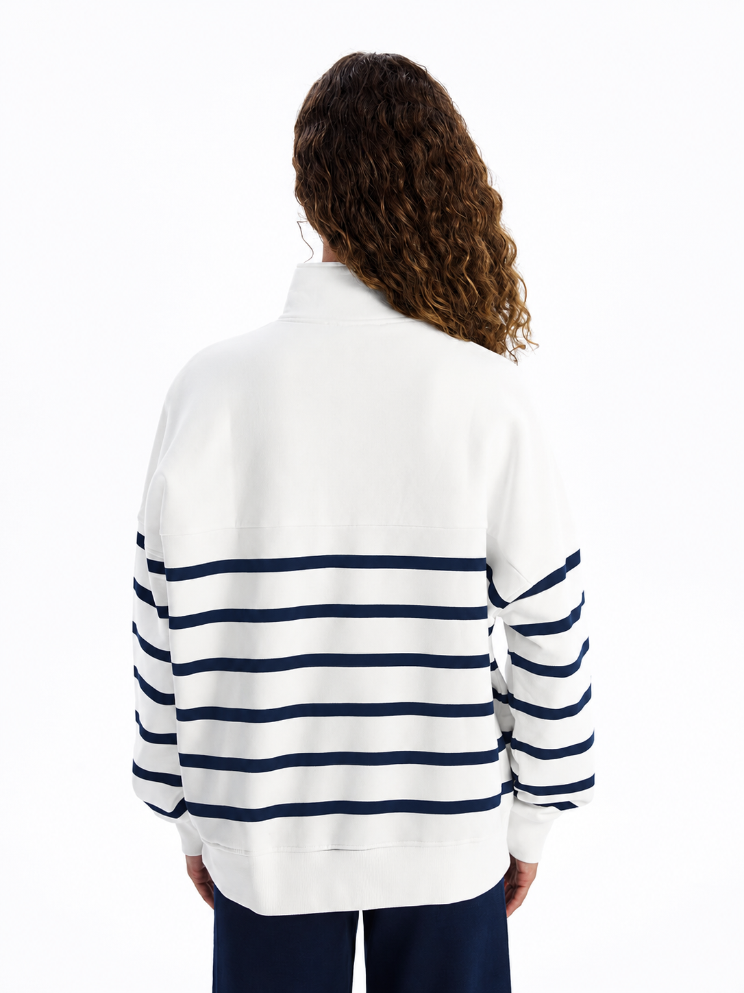 Sweater Ladies Funnel Neck White-Navy