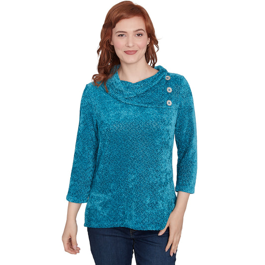 Split Cowl Neck Chenille Shine Knit Top Jade - Ruby Rd