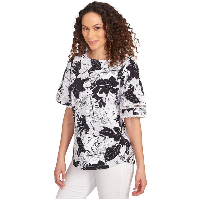Knit Tropical Paradise Print Crew Neck Short Sleeve Top Black Multi- Ruby Rd
