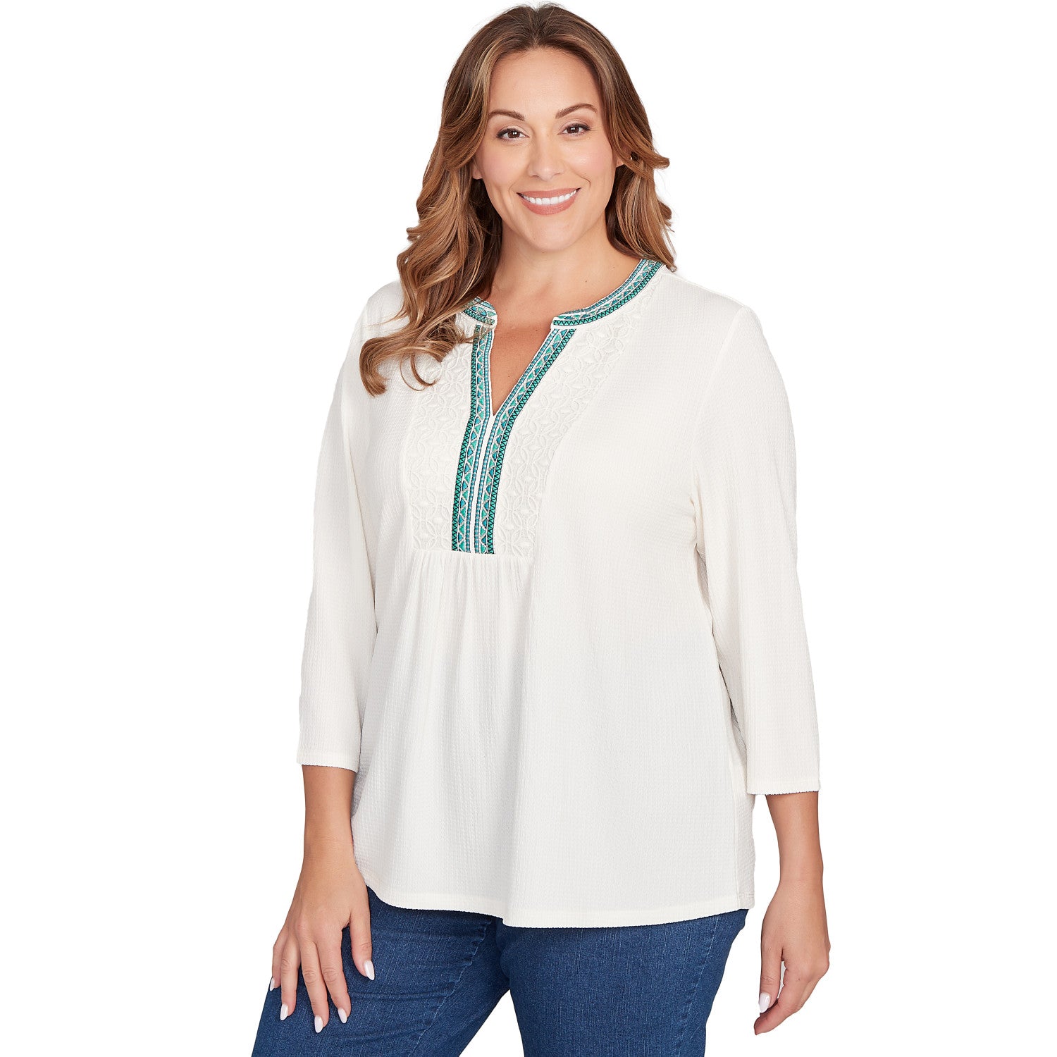 Plus Embellished Textured Split Neck Top  - Ruby Rd