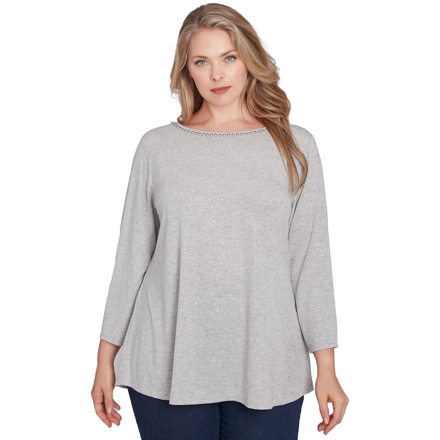 Plus Embellished Dew Drops Glitter Knit Top Grey   - Ruby Rd