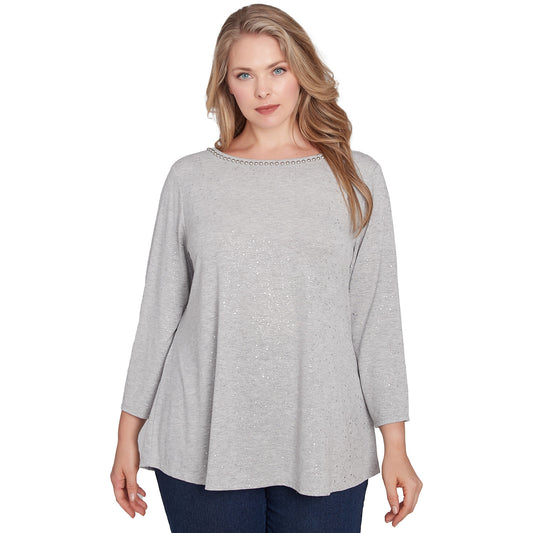 Plus Embellished Dew Drops Glitter Knit Top Grey   - Ruby Rd