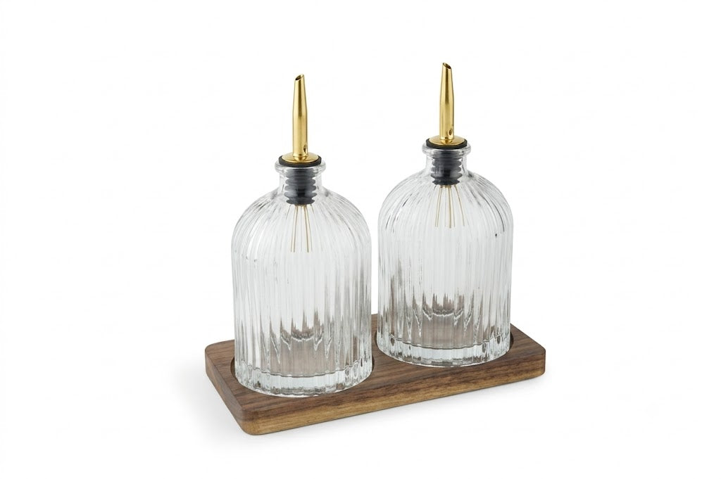 2pk 16.9oz Fluted Glass Cruets w/ Acacia Base - Gold