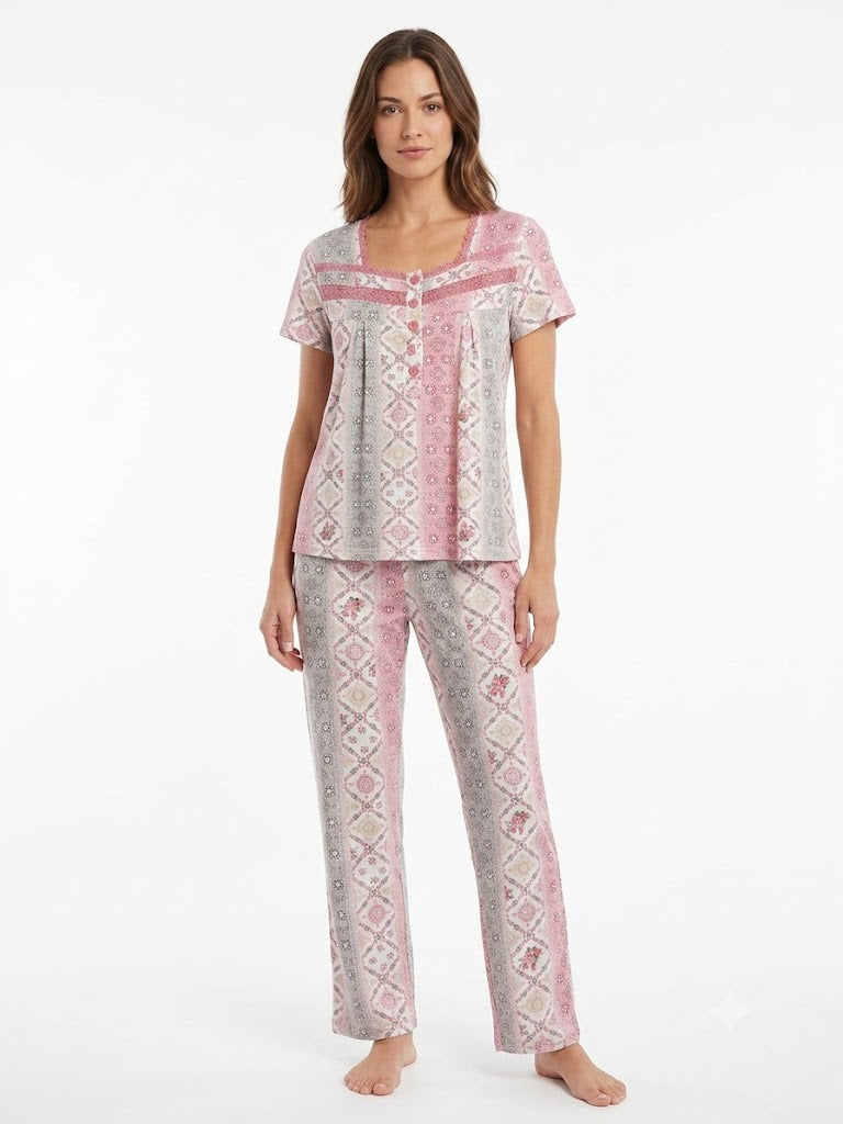 Missy Pant Pj Set w / Lace & Bottoms , Doily Pink