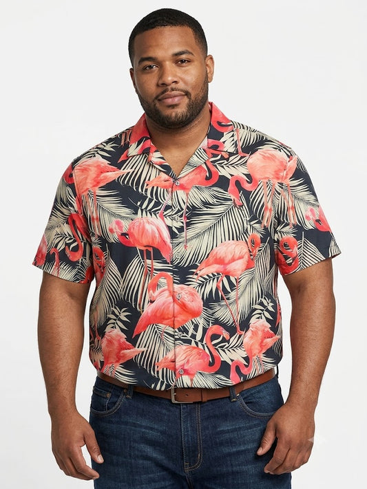 Poly Print Hawaiian Plus Shirts FLAMINGO
