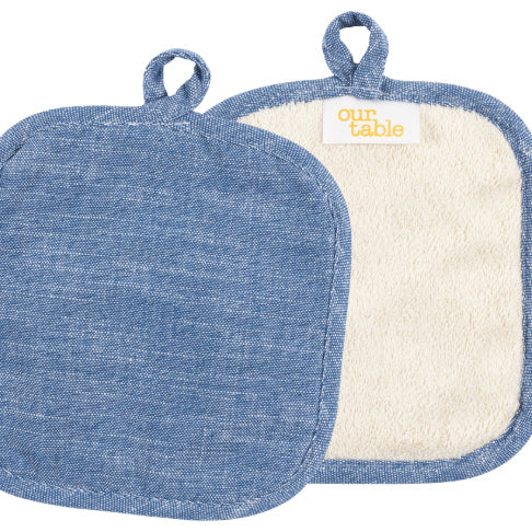 Strada Set of 2 Chambray Pot Holders - 8" x 8"-Blue