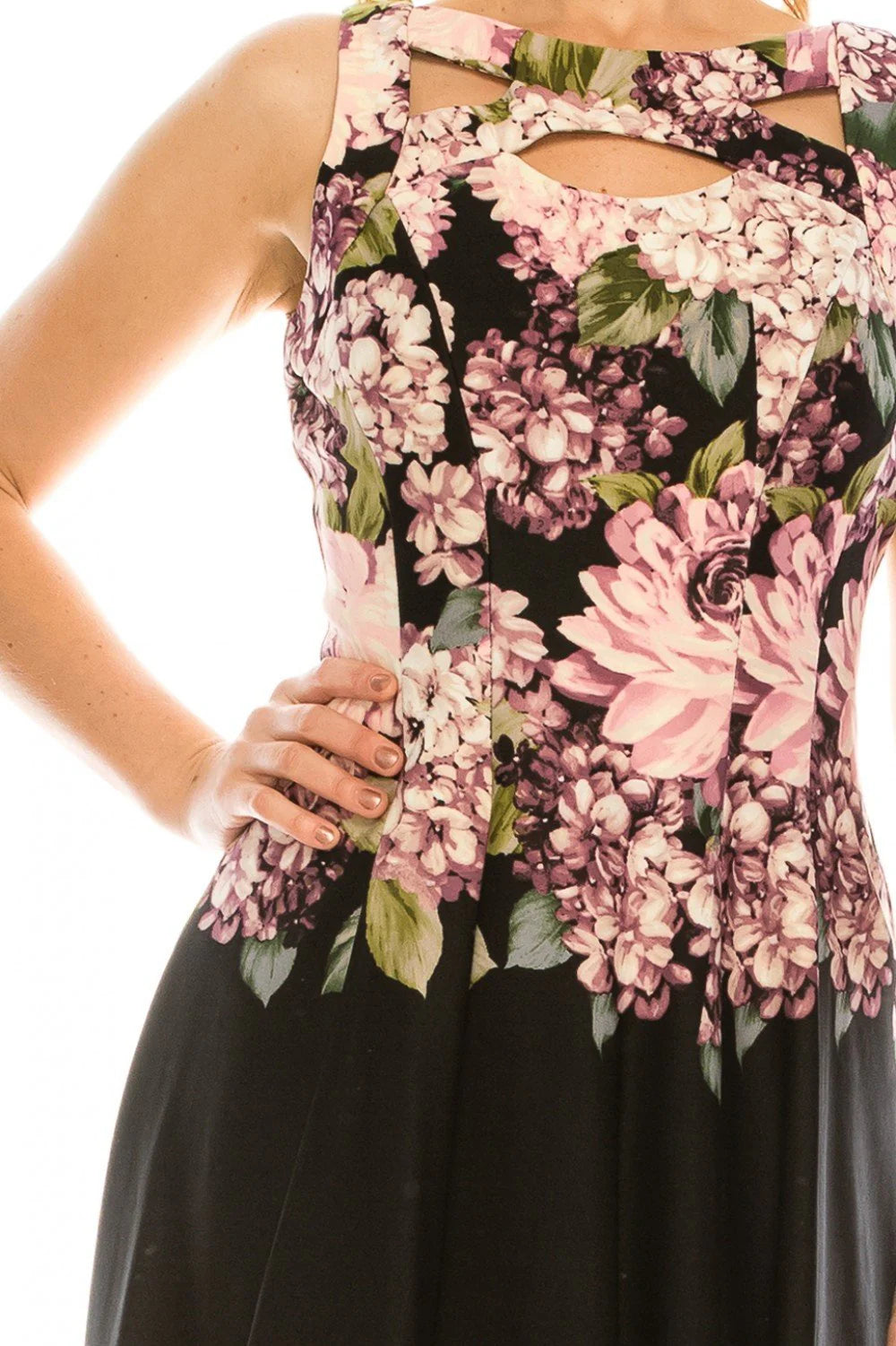 Cutout Neckline Floral Print Flared Dress Black/Mauve