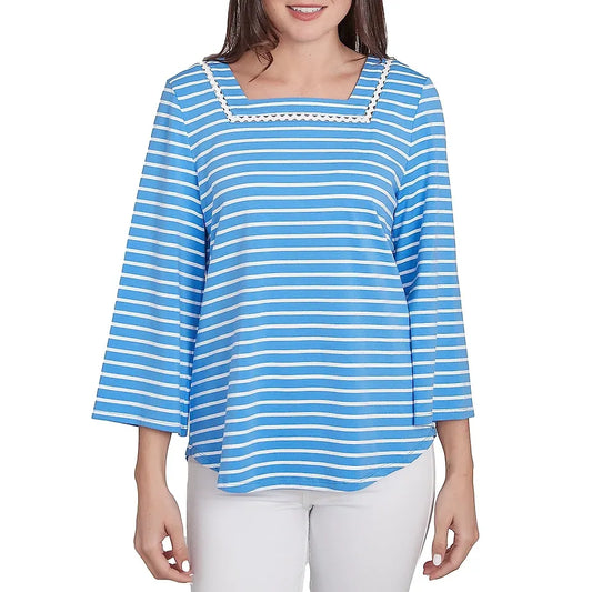 Knit Stripe Trim Square Neck 3/4 Bell Sleeve Top in Chattanooga Bluebird Multi  - Ruby Rd