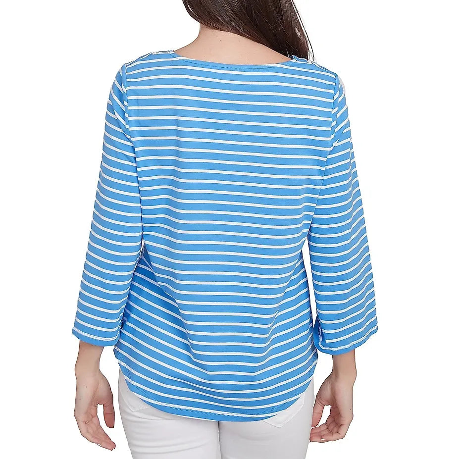 Knit Stripe Trim Square Neck 3/4 Bell Sleeve Top in Chattanooga Bluebird Multi  - Ruby Rd