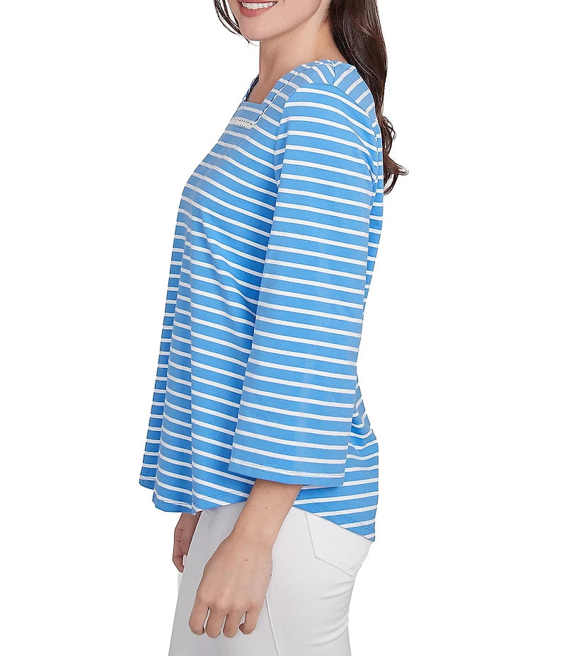 Knit Stripe Trim Square Neck 3/4 Bell Sleeve Top in Chattanooga Bluebird Multi  - Ruby Rd