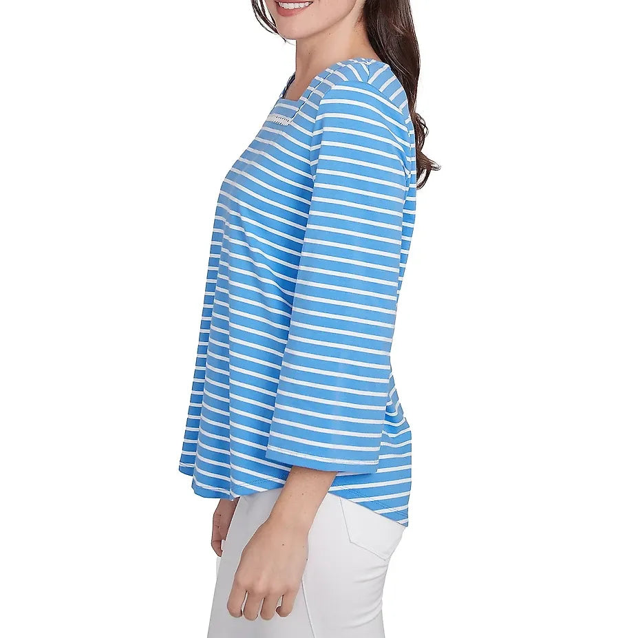 Knit Stripe Trim Square Neck 3/4 Bell Sleeve Top in Chattanooga Bluebird Multi  - Ruby Rd