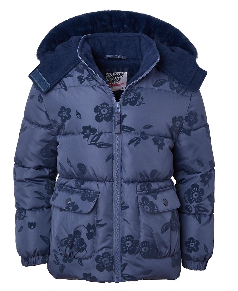 Flocked Floral Puffer Dark Blue