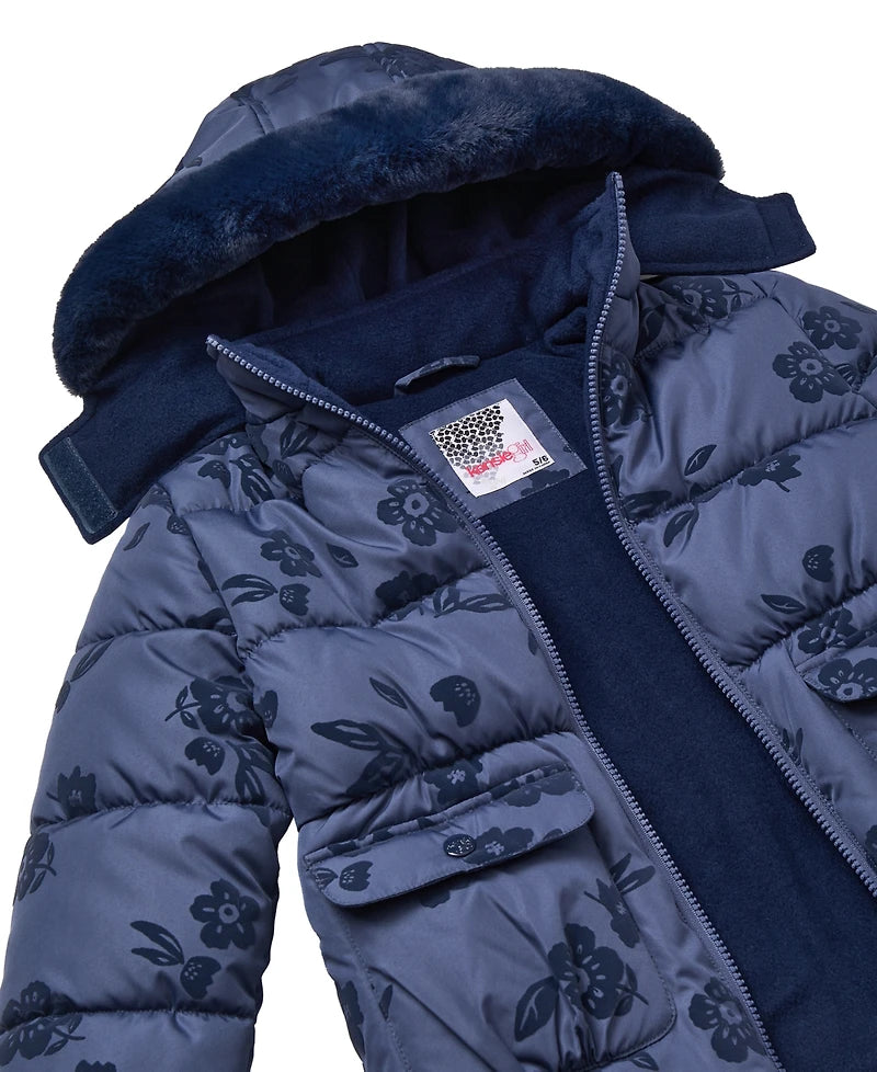 Flocked Floral Puffer Dark Blue