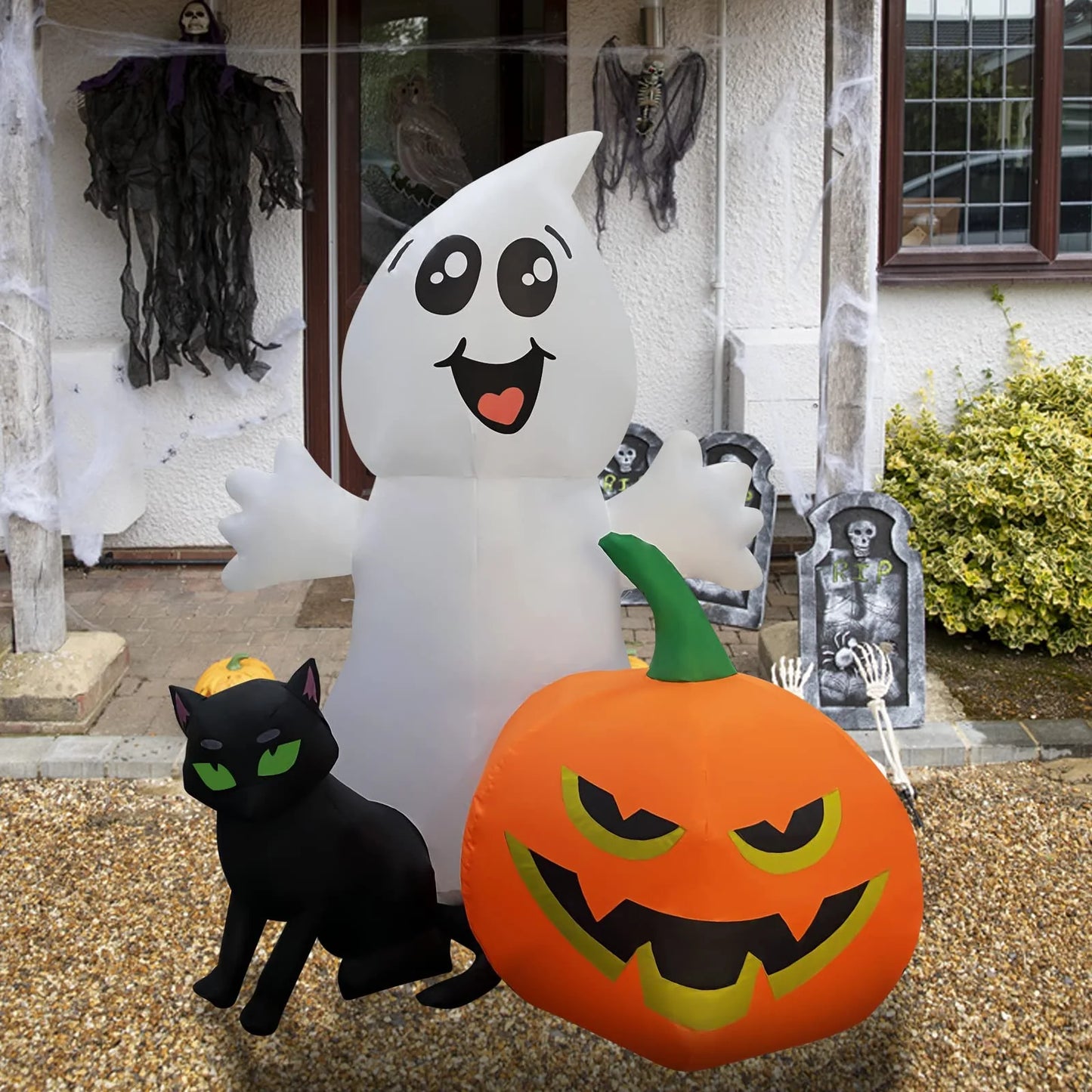 5Long Ghost with Black Cat and Pumpkin
