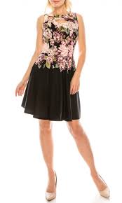 Cutout Neckline Floral Print Flared Dress Black/Mauve