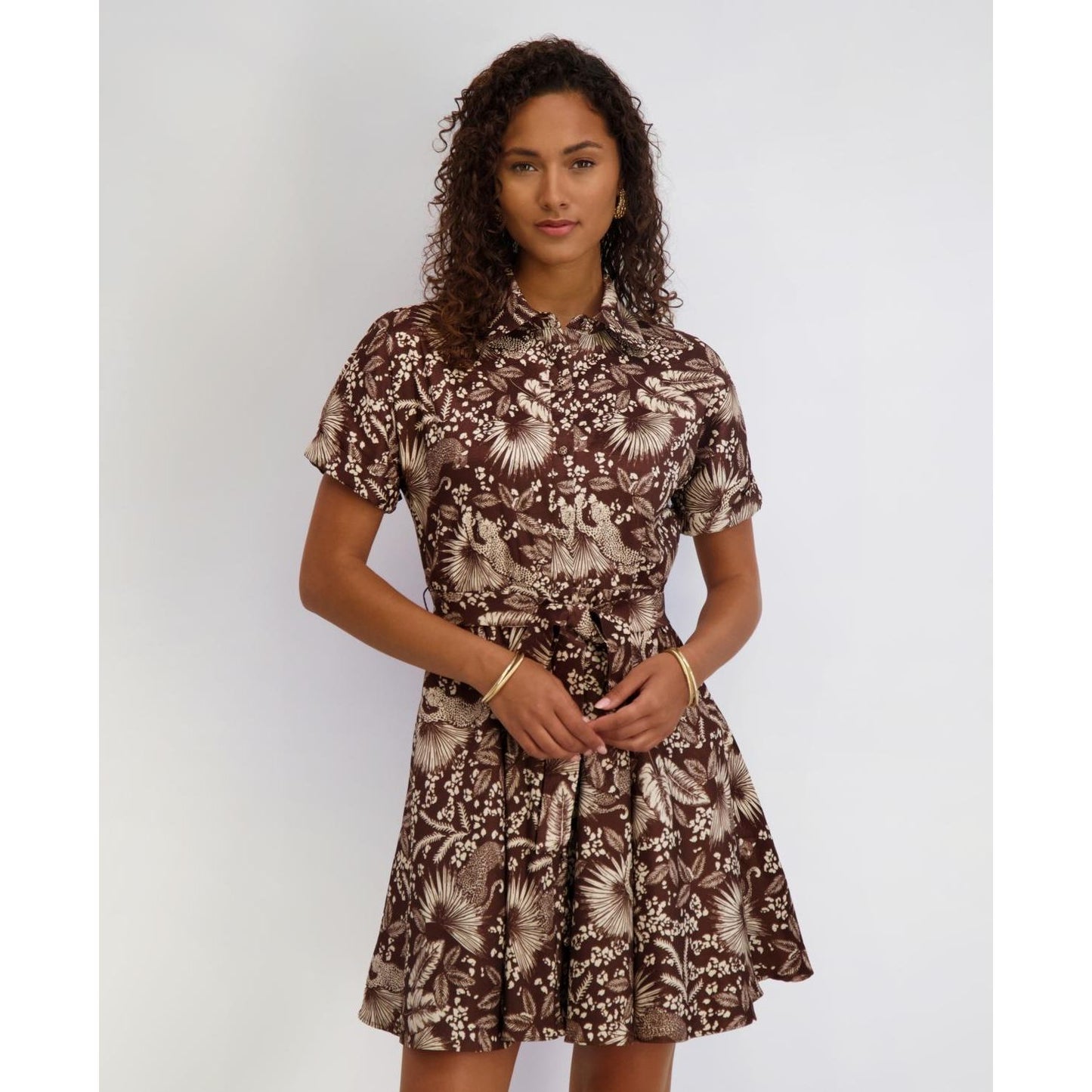 Floral Print Textured Stretch Taffeta Shirt Dress Choco Multi  - Kensie